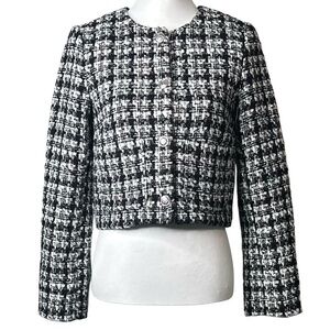 H&M Women’s Woven Boucle‎ Silver Buttons Black White Gold Thread Blazer Sz S